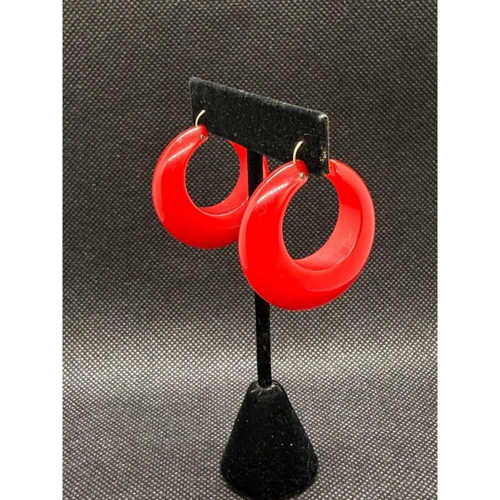 Vintage Red Bakelite Hoop Earrings Chunky Retro Crescent Hook 1.5 Inch